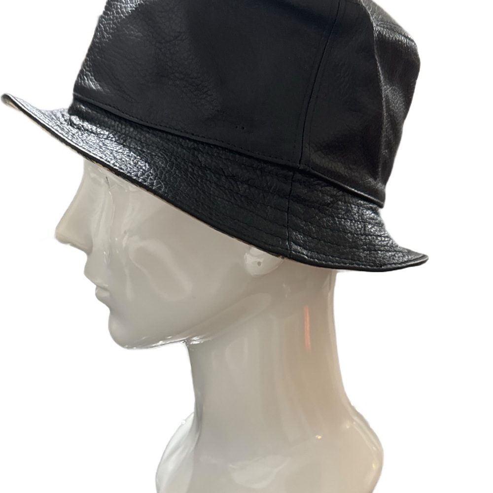 Black Leather Bucket Hat with Plaid Trim
(REVERSIBLE) - Picture 2 of 5